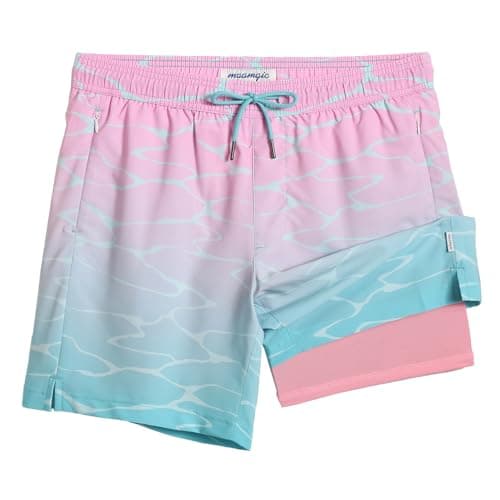 Maamgic 2 in 1 Mens Swim Trunks 7 Inch Swim Shorts - Recycled Material - Swimming, Beach - Durable and Comfortable - 32 — Gradient Water Ripple-pink Blue