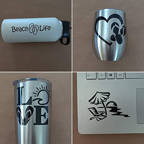Beach Life Decals 4 Pack for Beach Lovers: Beach Life, Flip Flop Heart, Love, Chair Umbrella Sun (Black, Small ~|5")