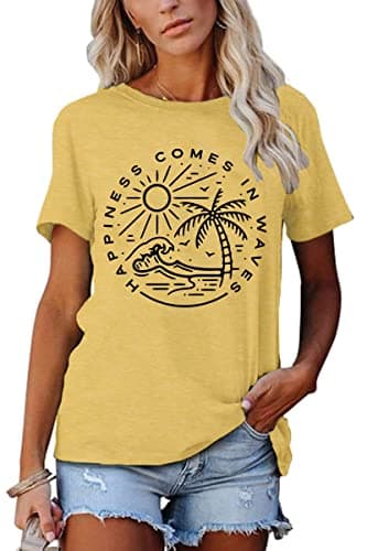 Summer T-Shirt Wave Coconut Tree Graphic Women Short Sleeve Casual Vacation Trip Tee Top
| MEESHEEP Women Summer Short — Yellow