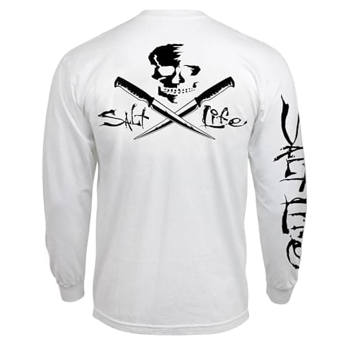 Salt Life Women's Classic Fit Long Sleeve Shirt Silver Skull and Fillet Design Fishing Outfit — White
