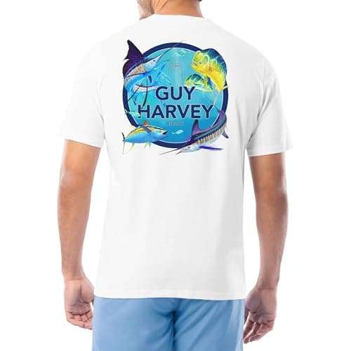 Guy Harvey Men’s Offshore Fish Collection Short Sleeve T-Shirt for Fishing Enthusiasts Feature-Fit Edition Medium Size R — Bright White/Collage