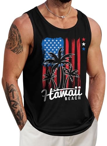 VOGSTART Mens Summer Beach Tank Tops Vacation Sleeveless Shirts (S-3XL)  
VOGSTART Mens Muscle Tank Tops for Summer Beac — Black - Hawaii Beach Flag