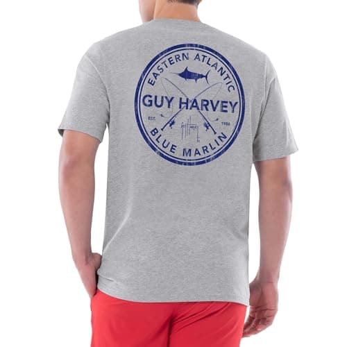 Guy Harvey Men’s Threadcycled Short Sleeve T-Shirt for Outdoor Adventures Comfort and Style — Sport Grey Heather/Ea Blue Marlin