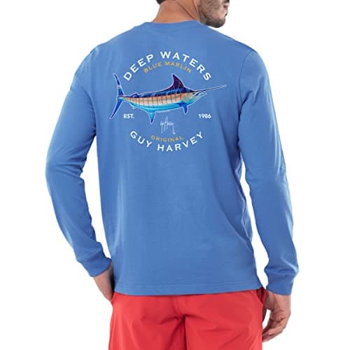 Guy Harvey Men's Billfish Collection Long Sleeve T-Shirt for Outdoor Adventures Features Modern Fishing Art Design Large — Azure Blue/Deep Waters