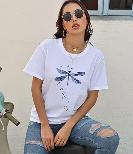 JNIFULI Women's Casual Summer Short Sleeve Graphic Tees Funny Dragonfly Printed Cute Tops
| JNIFULI Women's Funny Drago