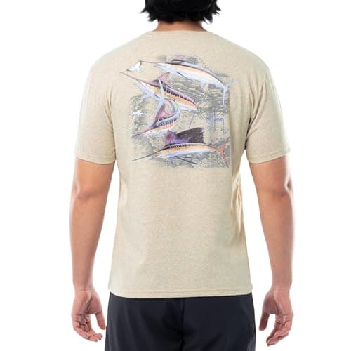 Guy Harvey Men’s Threadcycled Short Sleeve T-Shirt for Outdoor Adventures Comfort and Style — Oatmeal Heather /Bill Collector