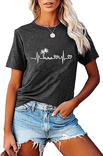 Fashvacation Sun Salt Sand Beach Tshirt for Women Summer Coconut Tree Graphic Casual Short Sleeve Loose Fit Tee — T06-greyblack