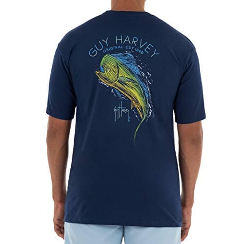 Guy Harvey Men’s Offshore Fish Collection Short Sleeve T-Shirt for Fishing Enthusiasts Feature-Fit Edition Medium Size R — Estate Blue/Mahi