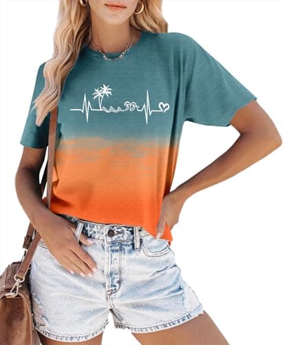 Summer T-Shirt Wave Coconut Tree Graphic Women Short Sleeve Casual Vacation Trip Tee Top
| MEESHEEP Women Summer Short — Tiedye1