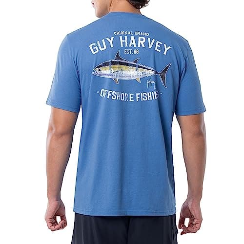 Guy Harvey Men’s Offshore Fish Collection Short Sleeve T-Shirt for Fishing Enthusiasts Feature-Fit Edition Medium Size R — Azure Blue/Offshore Backfin