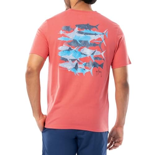 Guy Harvey Men’s Threadcycled Short Sleeve T-Shirt for Outdoor Adventures Comfort and Style — Spiced Coral/Palm Silos