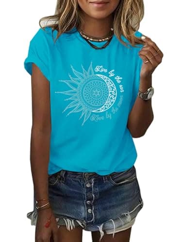 MaQiYa Women's Summer Vintage Short Sleeve Cotton Moon and Sun Printed T-Shirts Top
MaQiYa Women's Summer Graphic Tee Co — Blue