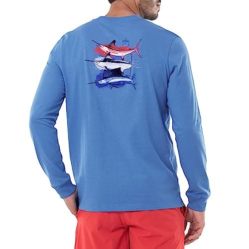 Guy Harvey Men's Billfish Collection Long Sleeve T-Shirt for Outdoor Adventures Features Modern Fishing Art Design Large — Azure Blue/American Bills