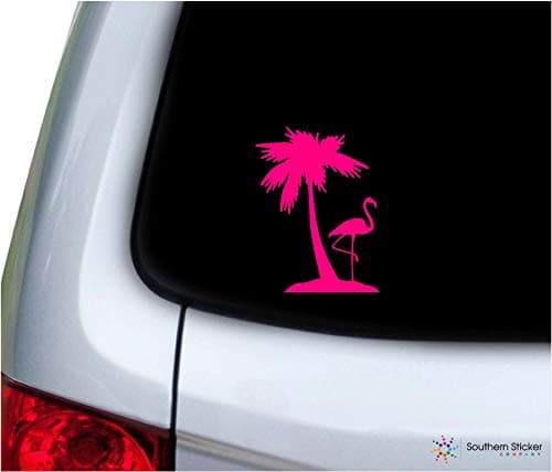 Flamingo One Palm Tree Laptop Car Window Truck Mint Size |9x5.2 Inches Beach Ocean USAMade USAShipped Mint — Pink