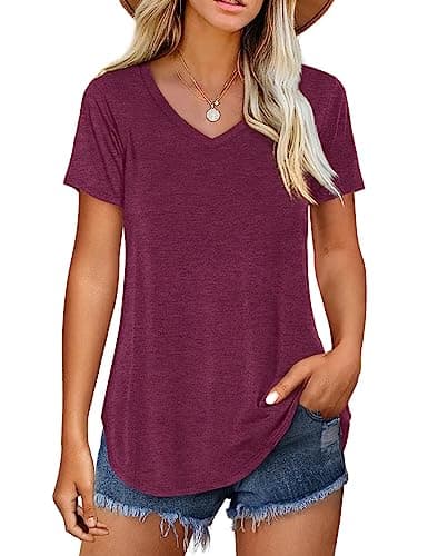 Amoretu Women's V Neck Casual Short Sleeve Tee Shirts Plain Blouses — Burgundy