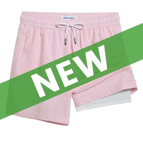 Maamgic 2 in 1 Mens Swim Trunks 7 Inch Swim Shorts - Recycled Material - Swimming, Beach - Durable and Comfortable - 32 — Pink Stripe-white