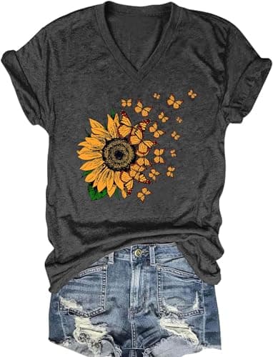 Women's Boho V-Neck Flowers T-Shirt Wildflowers Graphic Summer Tee
| Cute Women's V-Neck Wildflowers Graphic Short Slee — D-dark Gray1