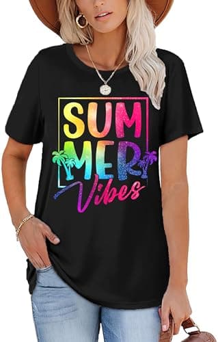 Summer T-Shirt Wave Coconut Tree Graphic Women Short Sleeve Casual Vacation Trip Tee Top
| MEESHEEP Women Summer Short — Black
