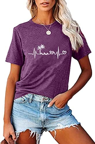 Fashvacation Sun Salt Sand Beach Tshirt for Women Summer Coconut Tree Graphic Casual Short Sleeve Loose Fit Tee — T06-purple