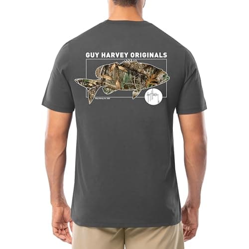 Guy Harvey Men’s Short Sleeve Cotton Graphic T-Shirt for Outdoor Adventures featuring Sea Life Art, Size Medium, 100% Co — Charcoal Grey/Bass Circle