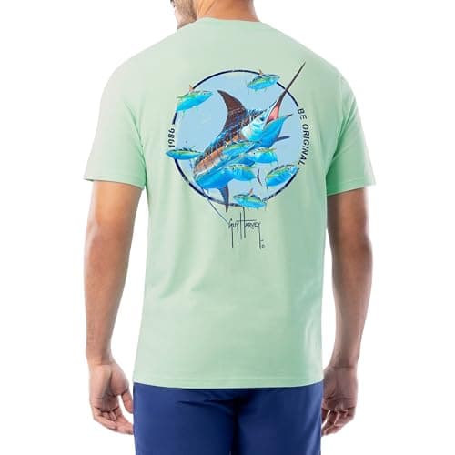 Guy Harvey Men’s Short Sleeve Cotton Graphic T-Shirt for Outdoor Adventures featuring Sea Life Art, Size Medium, 100% Co — Key Lime/Tuna Hunt