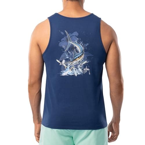 Guy Harvey Men's Fish Graphic Tank Top for Outdoor Adventures Bright Sun Protection — Estate Blue/Marlin Springs