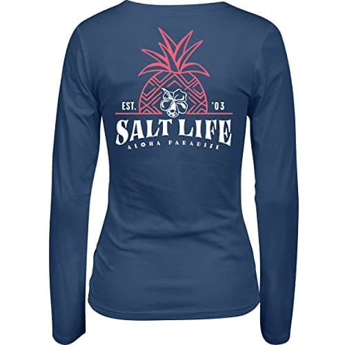 Salt Life Women's Pineapple Resort Long Sleeve V-Neck Tee + Size+Color + Beach Vacation + Easy Wear + Soft Fabric + Shor — Washed Navy