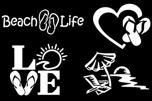 Beach Life Decals 4 Pack for Beach Lovers: Beach Life, Flip Flop Heart, Love, Chair Umbrella Sun (Black, Small ~|5") — White