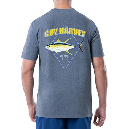 Guy Harvey Men’s Threadcycled Short Sleeve T-Shirt for Outdoor Adventures Comfort and Style — Heather Navy/Diamond Tuna