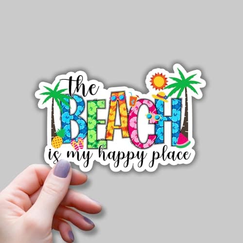 Beach Happy Place Funny Ocean Life Tumbler Decal Sticker for Kindle Laptop Phone Water Bottle Hard Hat - 3x2 Vinyl Deca