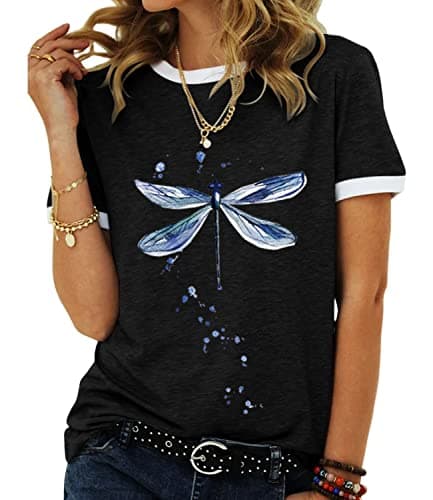 JNIFULI Women's Casual Summer Short Sleeve Graphic Tees Funny Dragonfly Printed Cute Tops
| JNIFULI Women's Funny Drago — Black