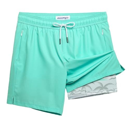 Maamgic 2 in 1 Mens Swim Trunks 7 Inch Swim Shorts - Recycled Material - Swimming, Beach - Durable and Comfortable - 32 — Coconut Island-turquoise