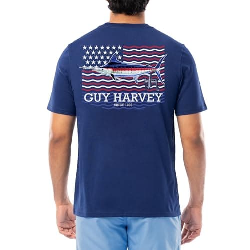 Guy Harvey Men’s Threadcycled Short Sleeve T-Shirt for Outdoor Adventures Comfort and Style — Estate Blue/Liberty Marlin