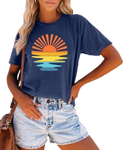 Summer T-Shirt Wave Coconut Tree Graphic Women Short Sleeve Casual Vacation Trip Tee Top
| MEESHEEP Women Summer Short — Sunset-blue