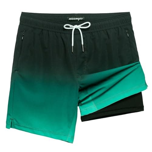 Maamgic 2 in 1 Mens Swim Trunks 7 Inch Swim Shorts - Recycled Material - Swimming, Beach - Durable and Comfortable - 32 — Gradual Green-black