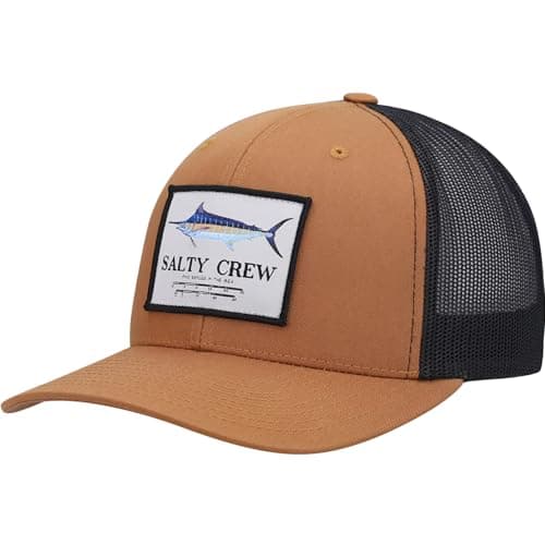 Salty Crew Men's Fish Logo Retro Trucker Hat - Premium Cotton, Unisex Adjustable Baseball Hat for Adults — Camel / Black
