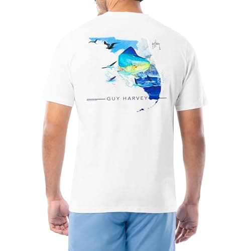 Guy Harvey Men’s Short Sleeve Cotton Graphic T-Shirt for Outdoor Adventures featuring Sea Life Art, Size Medium, 100% Co — White/Florida Mahi