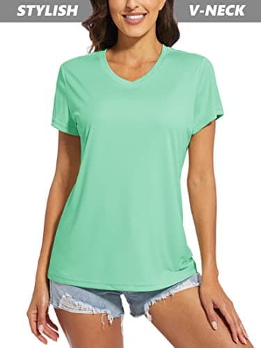 Women's UPF 50+ Sun Protection V-Neck T Shirts for Athletes
| Quick Dry Women's V-Neck Short Sleeve Athletic Shirts
| W