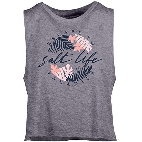 Salt Life womens crop fit=cut tapered muscle tank top for summer outdoor activities UV protection lightweight breathable — Heather Grey