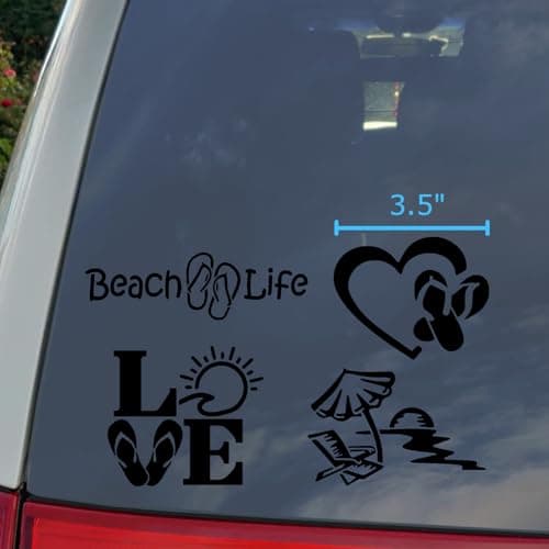 Beach Life Decals 4 Pack for Beach Lovers: Beach Life, Flip Flop Heart, Love, Chair Umbrella Sun (Black, Small ~|5")