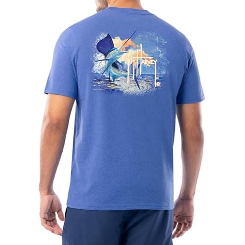 Guy Harvey Men’s Threadcycled Short Sleeve T-Shirt for Outdoor Adventures Comfort and Style — Heather Royal/Marlin Sunset