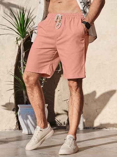 Comdecevis Men's Linen Shorts Casual Elastic Waist Drawstring Summer Beach Vacation Yoga Golf Shorts with Pockets  
Comd