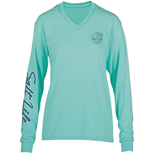Salt Life Aruba Blue Long Sleeve V-Neck Tee for Men and Women, Beach Vacation Essential, Moisture Wicking, Unisex Medium
