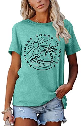 Summer T-Shirt Wave Coconut Tree Graphic Women Short Sleeve Casual Vacation Trip Tee Top
| MEESHEEP Women Summer Short — Cyan