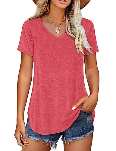 Amoretu Women's V Neck Casual Short Sleeve Tee Shirts Plain Blouses