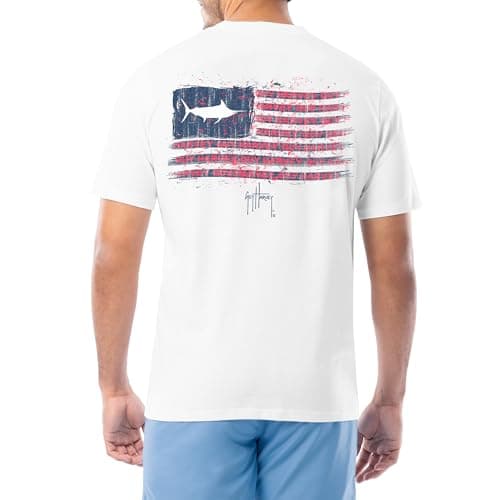 Guy Harvey Men’s Short Sleeve Cotton Graphic T-Shirt for Outdoor Adventures featuring Sea Life Art, Size Medium, 100% Co — White/All American