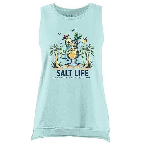 Salt Life Women's Comfortable Muscle Tank Top for Beach and Workout
| Salt Life Women's Fashionable Drink Up Muscle Tan — Soothing Sea