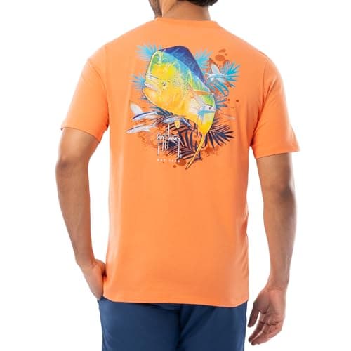 Guy Harvey Men’s Offshore Fish Collection Short Sleeve T-Shirt for Fishing Enthusiasts Feature-Fit Edition Medium Size R — Tangerine/Mahi Palms