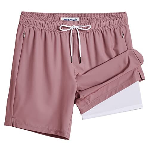 Maamgic 2 in 1 Mens Swim Trunks 7 Inch Swim Shorts - Recycled Material - Swimming, Beach - Durable and Comfortable - 32 — White-dust Pink