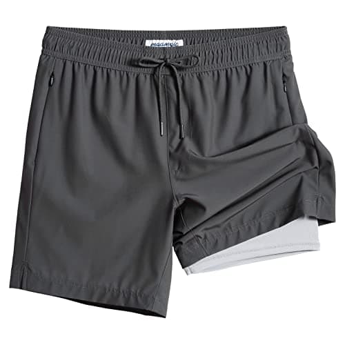 Maamgic 2 in 1 Mens Swim Trunks 7 Inch Swim Shorts - Recycled Material - Swimming, Beach - Durable and Comfortable - 32 — Light Gray-gray